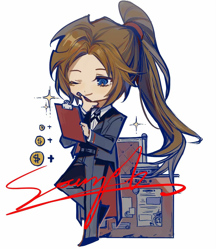 Safebooru - 1girl black jacket black pants brown hair butler chibi closed  mouth coin collared shirt cross tie female butler full body g7cdpdto2i6hot6  high ponytail jacket limbus company long hair long sleeves