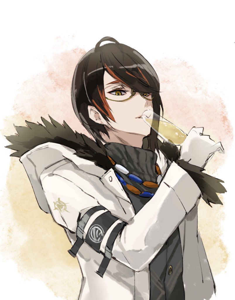 1boy alcohol arknights black_hair brown-framed_eyewear brown_eyes champagne champagne_flute character_request check_character cup drinking drinking_glass e-bushi fur-trimmed_hood fur-trimmed_sleeves fur_trim glasses gloves gnosis_(arknights) grey_sweater holding holding_cup hood hood_down hooded_jacket jacket long_sleeves male_focus multicolored_hair open_clothes open_jacket redhead semi-rimless_eyewear solo streaked_hair sweater turtleneck turtleneck_sweater under-rim_eyewear upper_body white_gloves white_jacket