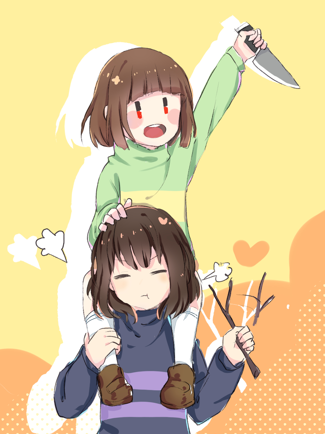 2others arm_up blue_sweater blush_stickers brown_footwear brown_hair chara_(undertale) chinese_commentary closed_eyes closed_mouth commentary_request frisk_(undertale) green_sweater hand_on_another's_head hand_up hands_up heart highres holding holding_knife holding_stick knife long_sleeves multiple_others onion_oni open_mouth orange_background puffy_long_sleeves puffy_sleeves red_eyes shadow shoes short_hair single_stripe smile socks standing stick striped_clothes striped_sweater sweater teeth tongue turtleneck turtleneck_sweater undertale white_socks yellow_background