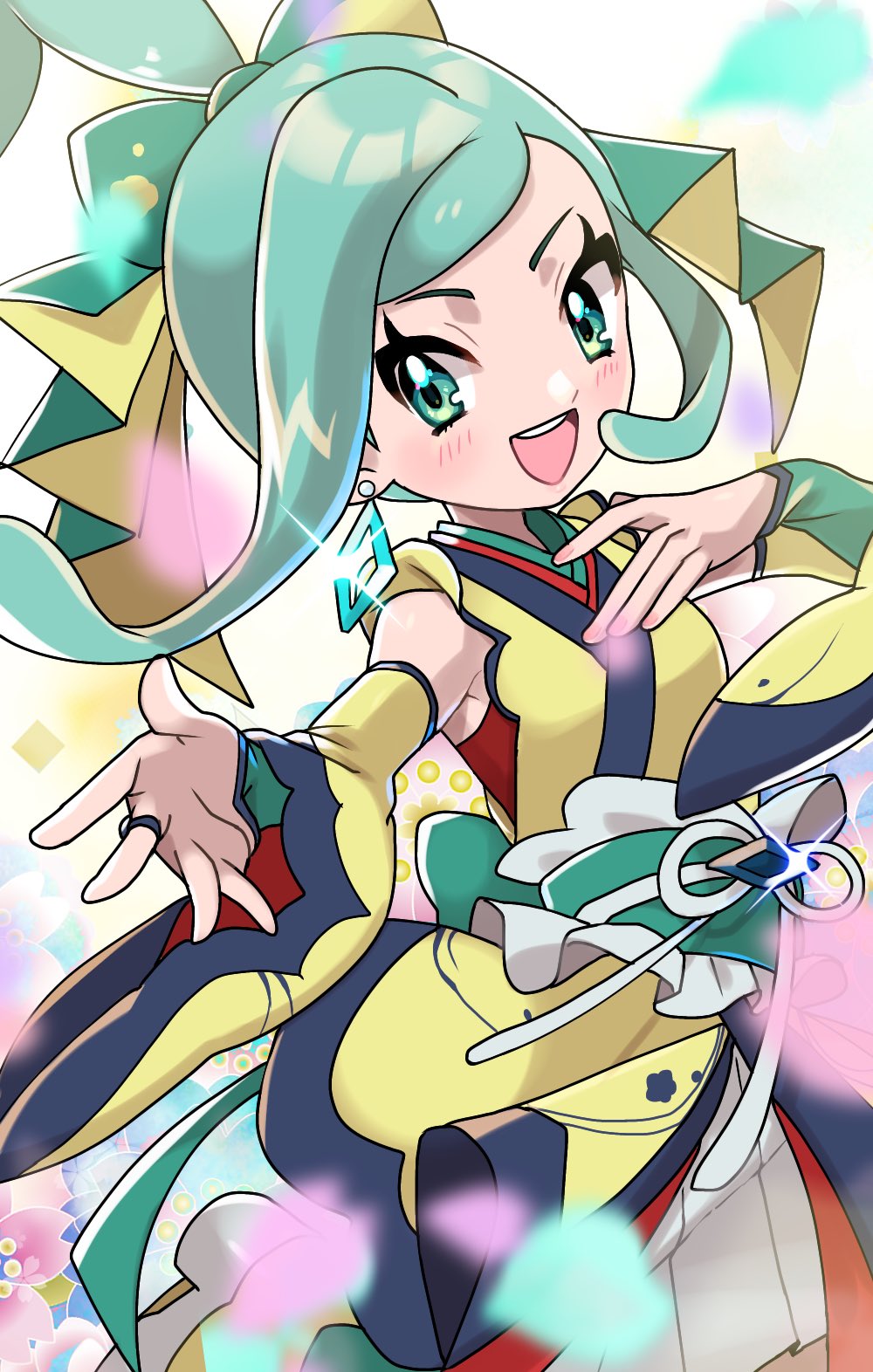 1girl :d asymmetrical_sidelocks blush commentary_request detached_sleeves earrings eyelashes fu_(tk1189227dhy) glint green_eyes green_hair green_sash hands_up highres japanese_clothes jewelry kimono leg_up lisia_(new_year's_2023)_(pokemon) lisia_(pokemon) looking_to_the_side open_mouth pleated_skirt pokemon pokemon_masters_ex ring sash sidelocks skirt smile solo teeth upper_teeth_only white_background white_skirt yellow_kimono