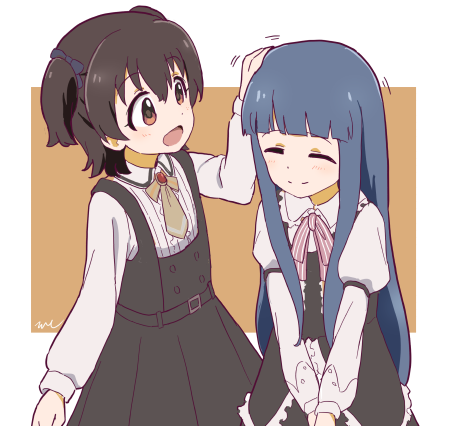 2girls :d aayh akagi_miria arm_up black_dress black_hair blue_hair bow brown_background brown_eyes center_frills closed_eyes closed_mouth collared_shirt commentary_request dress frilled_dress frills hair_between_eyes headpat idolmaster idolmaster_cinderella_girls long_hair long_sleeves lowres multiple_girls pinafore_dress pink_bow puffy_long_sleeves puffy_sleeves sajo_yukimi shirt signature sleeveless sleeveless_dress smile striped_bow two-tone_background two_side_up very_long_hair white_background white_shirt