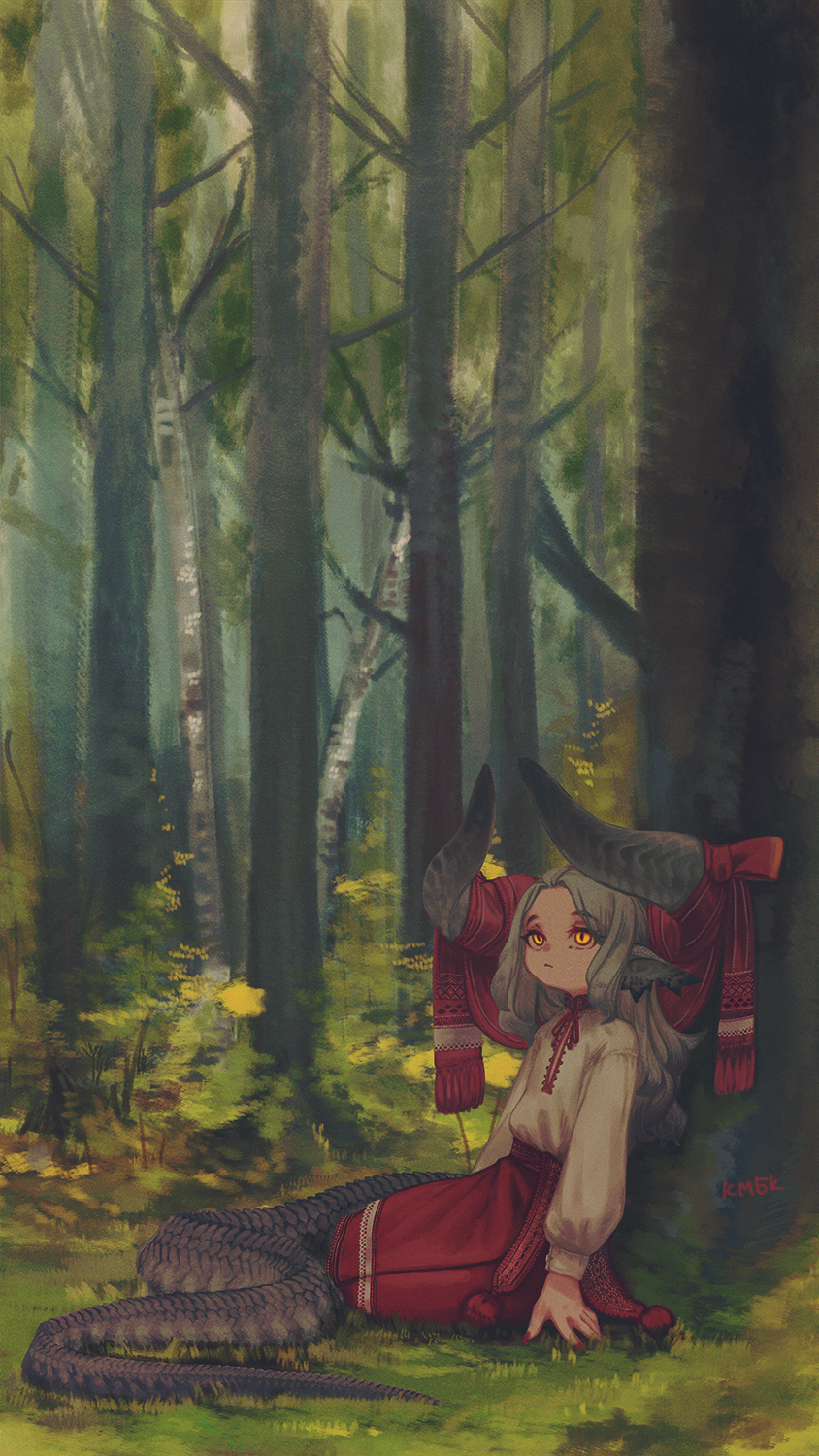 1girl animal_ears arm_support arms_at_sides curled_horns day dragon_girl dragon_horns dragon_tail flat_chest forest from_side grey_hair highres horn_ornament horn_ribbon horns kmbk long_hair nature neck_ribbon on_ground original outdoors parted_bangs red_ribbon red_skirt ribbon shirt sitting skirt slit_pupils solo tail tree under_tree white_shirt yellow_eyes yokozuwari