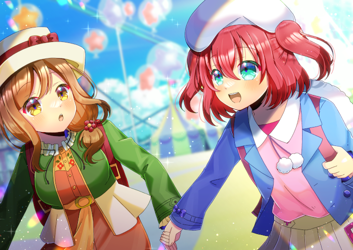 2girls :d backpack bag balloon beret blue_eyes blue_jacket blue_sky blurry blurry_background bow breasts brown_dress brown_eyes brown_hair brown_skirt carnival circus_tent clouds collared_shirt commentary_request commission day depth_of_field dress green_jacket hat hat_bow holding_hands jacket kou_hiyoyo kunikida_hanamaru kurosawa_ruby love_live! love_live!_sunshine!! medium_breasts multiple_girls outdoors pink_shirt pleated_skirt red_bow redhead shirt skeb_commission skirt sky smile star_(symbol) transparent two_side_up white_headwear