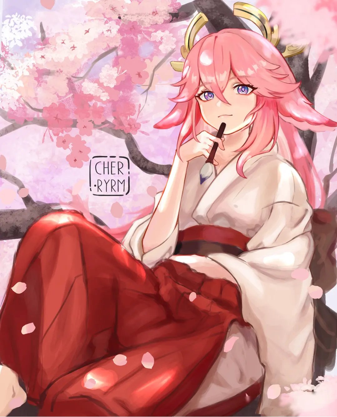 1girl animal_ears art_brush artist_logo between_fingers cherry_blossoms closed_mouth ears_down eyes_visible_through_hair feet_out_of_frame flower fox_ears genshin_impact hair_between_eyes hakama hakama_pants hand_up highres holding holding_brush in_tree japanese_clothes kimono light_smile long_hair long_sleeves looking_at_viewer obi on_branch on_tree paintbrush pants petals pink_hair plant pleated_pants red_flower red_pants red_sash ryrmcher sash signature sitting sitting_in_tree sitting_on_branch solo tree violet_eyes watermark white_kimono wide_sleeves yae_miko