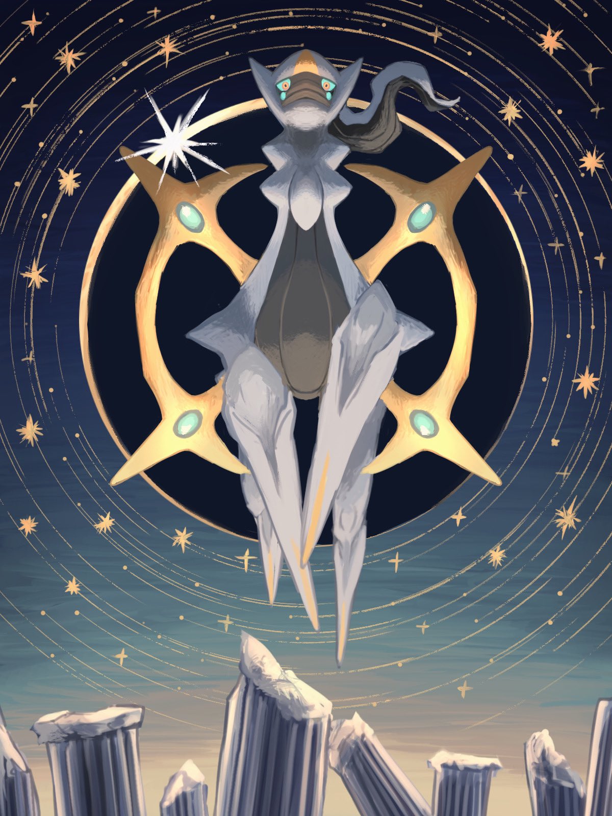 7_phi_3 arceus colored_sclera commentary_request floating glint gradient_sky green_sclera highres looking_at_viewer night night_sky no_humans pillar pokemon pokemon_(creature) red_eyes sky star_(sky) star_(symbol)