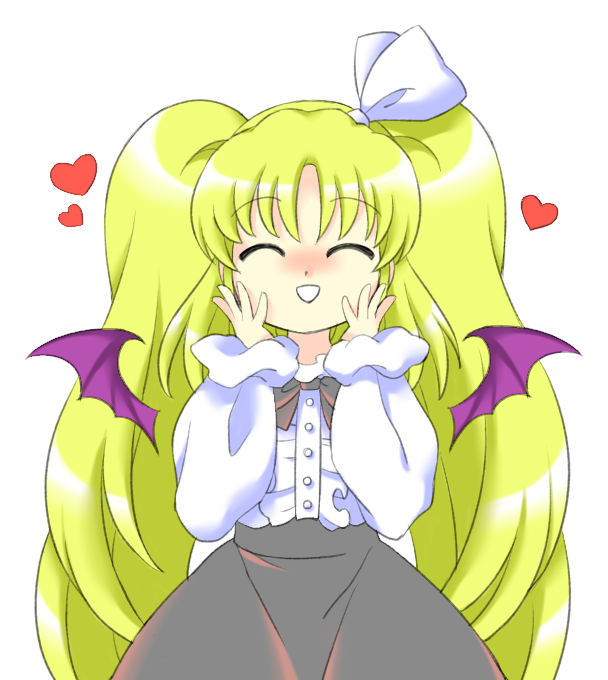 1girl :d ^_^ alternate_hairstyle bat_wings big_hair bow bowtie buttons center_frills closed_eyes detached_wings frills grey_bow grey_bowtie grey_skirt hair_ribbon hands_up heart kurumi_(touhou) long_hair long_sleeves mini_wings nonamejd official_style puffy_long_sleeves puffy_sleeves purple_wings ribbon shirt simple_background skirt smile solo straight-on touhou touhou_(pc-98) twintails very_long_hair white_background white_ribbon white_shirt wings zun_(style)