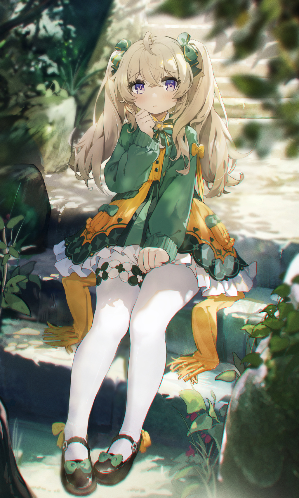 1girl ahoge berry between_legs blonde_hair blush bow bowtie bush closed_mouth commentary coria dappled_sunlight dress dress_bow floral_print footwear_bow full_body green_bow green_bowtie green_dress hair_bow hand_between_legs hand_on_own_chin highres leaf legs_together light_frown looking_at_viewer mary_janes orange_dress original outdoors pantyhose plant shoes sitting sitting_on_stairs solo stairs sunlight symbol-only_commentary tree twintails two-tone_dress violet_eyes white_pantyhose