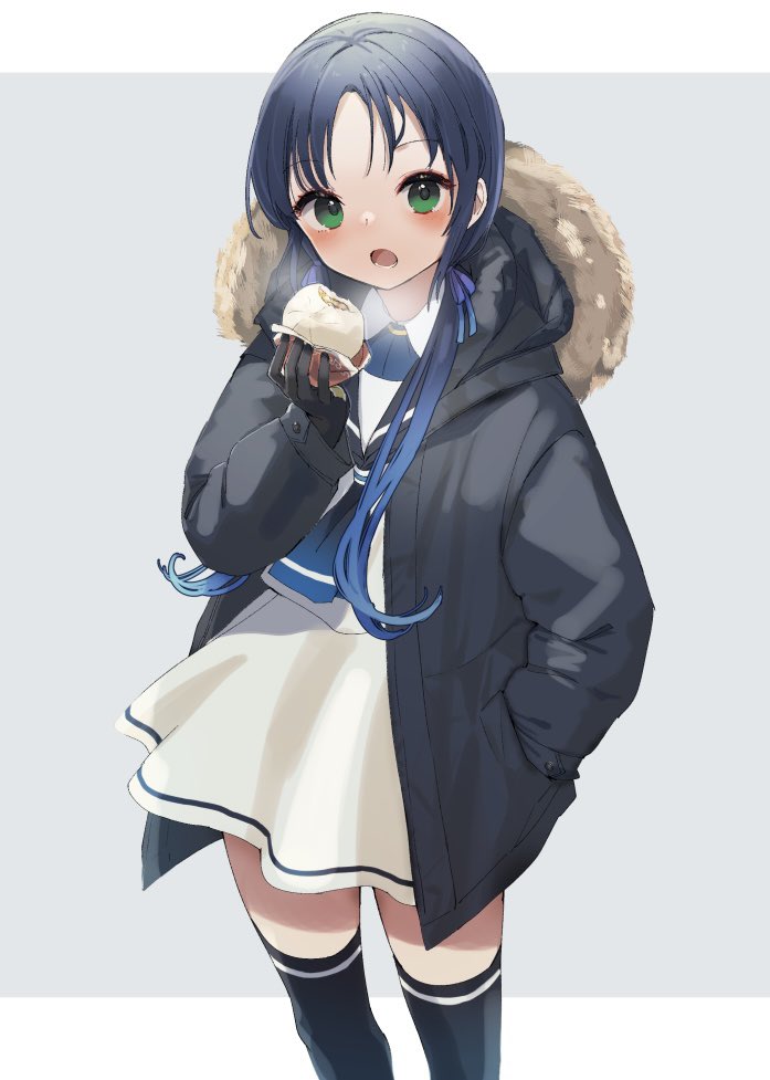 1girl black_jacket black_sailor_collar black_thighhighs blue_hair blush commentary_request feet_out_of_frame food green_eyes hand_in_pocket holding holding_food jacket kantai_collection long_hair long_sleeves looking_at_viewer one-hour_drawing_challenge open_clothes open_jacket open_mouth sailor_collar school_uniform serafuku skirt solo suzukaze_(kancolle) thigh-highs white_skirt yamashichi_(mtseven)