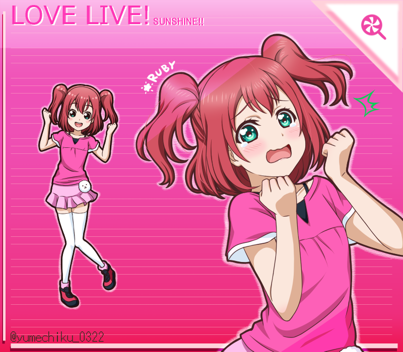 1girl :d bare_arms character_name collarbone copyright_name full_body green_eyes kurosawa_ruby long_hair love_live! love_live!_sunshine!! miniskirt open_mouth pink_background pink_shirt pink_skirt redhead shirt short_sleeves skirt smile solo striped_background thigh-highs twintails twitter_username upper_body wavy_mouth white_thighhighs yumechiku zettai_ryouiki