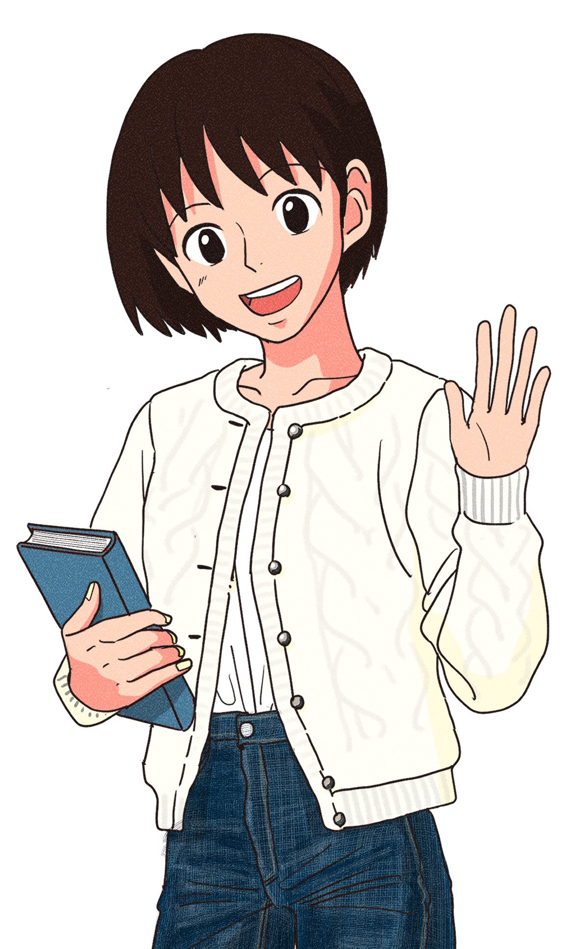 1girl :d blue_pants book brown_hair cardigan casual character_request check_character check_copyright copyright_request cowboy_shot denim flat_chest hand_up highres holding holding_book jeans long_sleeves looking_at_viewer mimi_wo_sumaseba open_mouth pants rikaco1988 shirt shirt_tucked_in short_hair simple_background smile solo tsukishima_shizuku unbuttoned waving white_background white_shirt