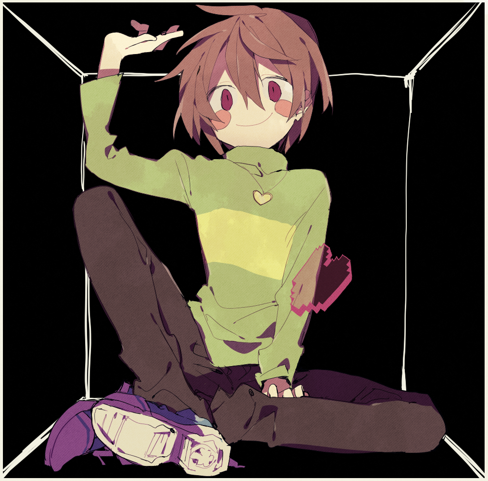 1other animification arm_up black_background brown_hair brown_pants chara_(undertale) closed_mouth green_sweater hair_between_eyes heart heart_necklace higa423 jewelry long_sleeves looking_at_viewer necklace pants shoes short_hair simple_background single_stripe sitting smile sneakers solo striped_clothes striped_sweater sweater turtleneck turtleneck_sweater undertale violet_eyes white_footwear