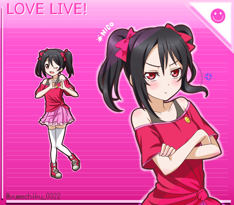 1girl :d :t black_hair blush bow character_name closed_mouth collarbone copyright_name full_body hair_between_eyes hair_bow heart heart_hands layered_skirt long_hair love_live! love_live!_school_idol_project miniskirt off-shoulder_shirt off_shoulder open_mouth pink_background pink_skirt pleated_skirt red_bow red_eyes red_shirt shirt skirt smile solo standing striped_background thigh-highs twintails twitter_username upper_body white_thighhighs yazawa_nico yumechiku zettai_ryouiki