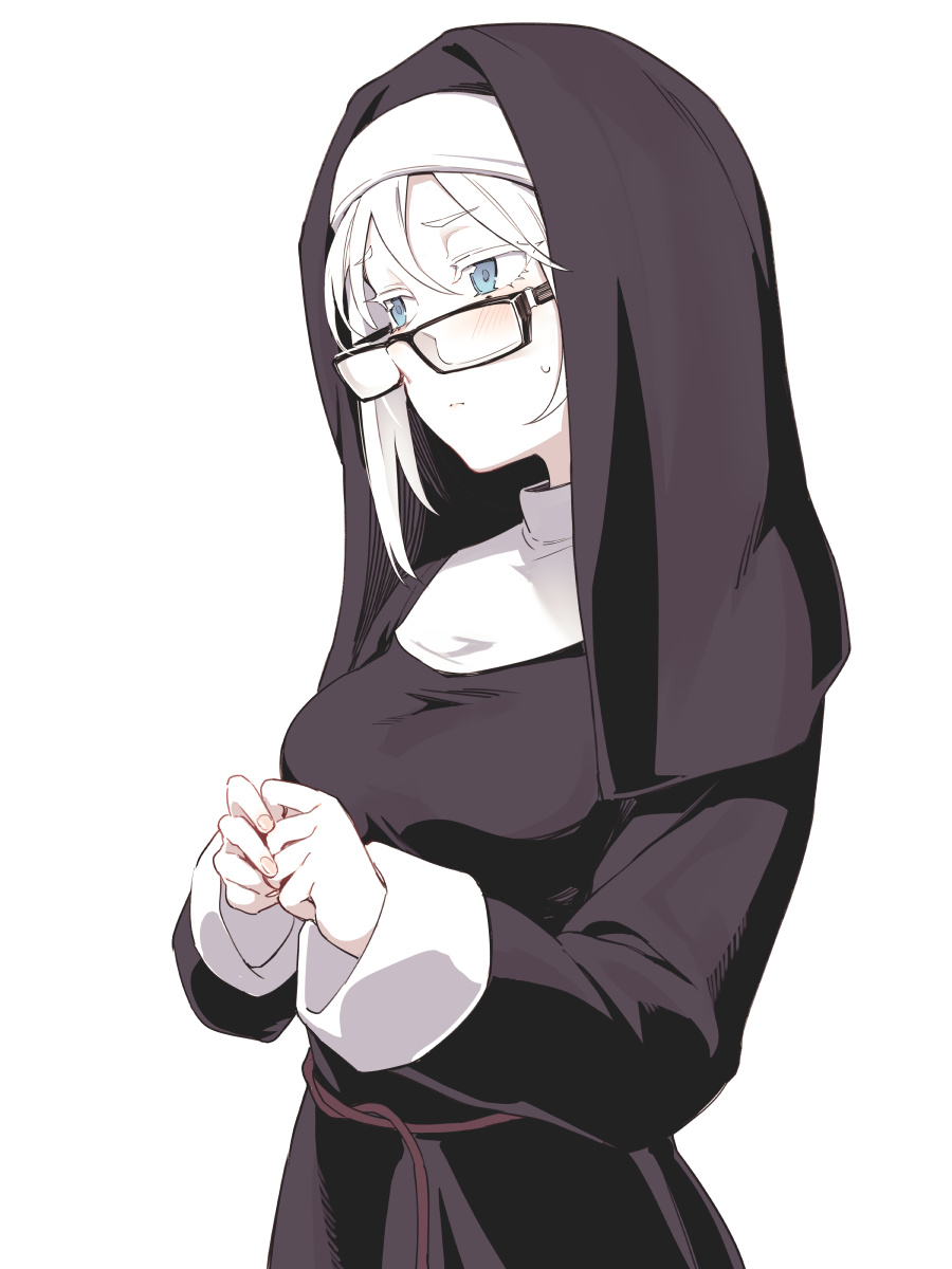 1girl asutora asutora-chan black-framed_eyewear blue_eyes breasts closed_mouth commentary_request fingernails glasses highres long_sleeves medium_breasts nun original simple_background solo white_background white_hair