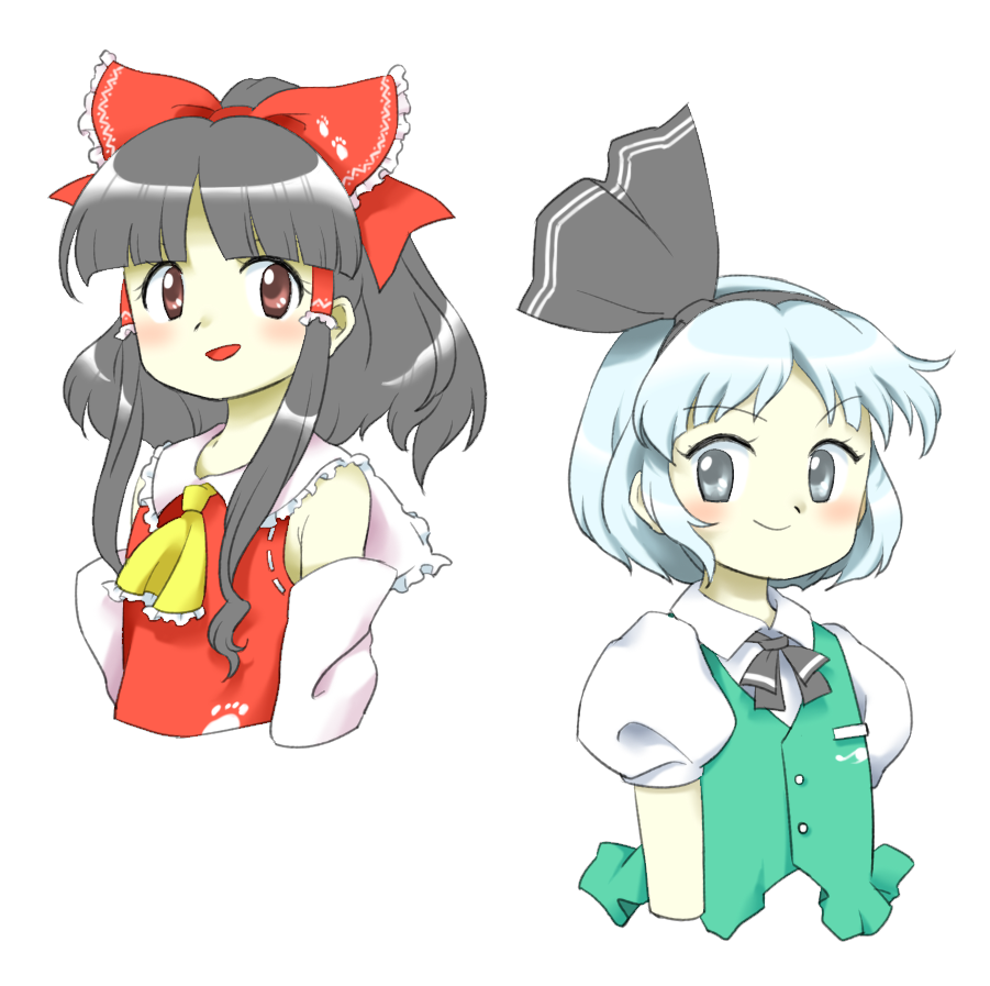 2girls :d aqua_vest ascot blue_hair bow buttons collared_shirt detached_sleeves flat_chest frilled_ascot frilled_bow frilled_hair_tubes frills grey_eyes grey_hair grey_hairband grey_ribbon hair_bow hair_tubes hairband hakurei_reimu konpaku_youmu light_blue_hair long_hair multiple_girls neck_ribbon nonamejd official_style paw_print paw_print_pattern puffy_short_sleeves puffy_sleeves red_bow red_eyes ribbon shirt short_hair short_sleeves simple_background smile touhou vest white_background white_shirt white_sleeves wily_beast_and_weakest_creature yellow_ascot zun_(style)