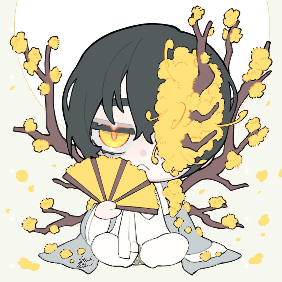 1boy :&lt; black_hair chibi closed_mouth coat flower folding_fan grey_coat hair_flower hair_ornament hand_fan holding holding_fan limbus_company long_sleeves looking_at_viewer pants project_moon satome_setsuko simple_background sitting solo white_background white_hanbok white_pants yellow_eyes yellow_flower yi_sang_(project_moon)