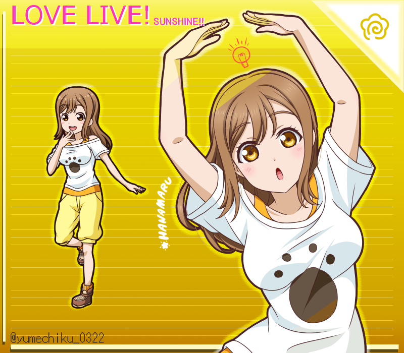 1girl :d :o arms_up brown_footwear brown_hair character_name copyright_name floating_hair full_body kunikida_hanamaru long_hair love_live! love_live!_sunshine!! off-shoulder_shirt off_shoulder pants shirt short_sleeves smile solo standing standing_on_one_leg straight_hair striped_background twitter_username upper_body white_shirt yellow_background yellow_eyes yellow_pants yumechiku