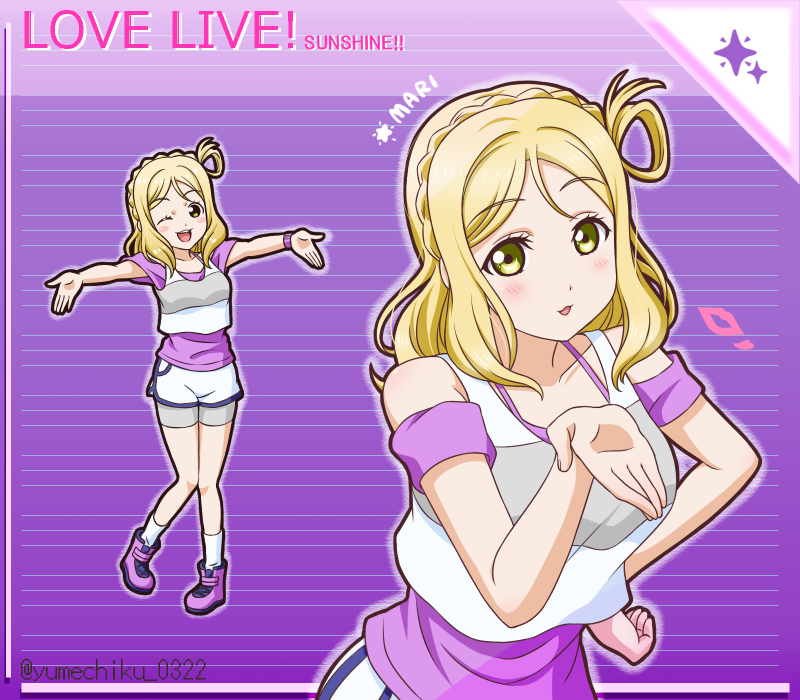 1girl ;d bike_shorts blonde_hair blowing_kiss braid character_name clothing_cutout copyright_name crown_braid dolphin_shorts full_body grey_shorts hand_on_own_hip leaning_forward long_hair love_live! love_live!_sunshine!! ohara_mari one_eye_closed outstretched_arms parted_bangs pink_footwear purple_shirt shirt short_shorts short_sleeves shorts shorts_under_shorts shoulder_cutout smile socks solo striped_background twitter_username upper_body white_shorts white_socks yellow_eyes yumechiku