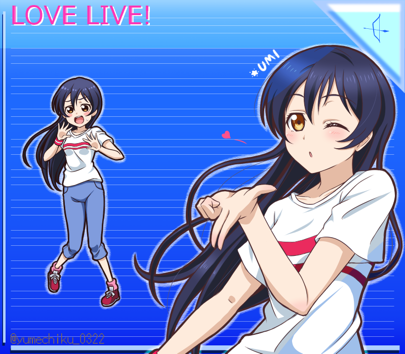 1girl artist_name blowing_kiss blue_background blue_hair blue_pants blush character_name copyright_name embarrassed floating_hair full_body long_hair love_live! love_live!_school_idol_project one_eye_closed open_mouth pants red_footwear shirt short_sleeves solo sonoda_umi standing straight_hair striped_background t-shirt upper_body very_long_hair white_shirt wristband yellow_eyes yumechiku