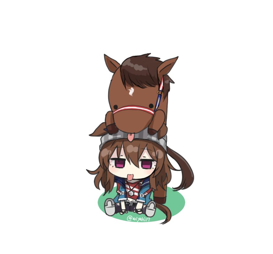 1girl animal_ears beanie black_pants blue_jacket bridle brown_hair candy commentary_request creature_and_personification denim expressive_hair food grey_headwear hair_between_eyes hat holding holding_clothes holding_hat horse horse_ears horse_girl horse_tail jacket jeans lollipop long_hair long_sleeves nakayama_festa_(racehorse) nakayama_festa_(umamusume) on_grass on_ground open_clothes open_jacket pants reins shirt simple_background sitting tail tongue tongue_out torn_clothes torn_shirt umamusume violet_eyes white_background wiyaki17