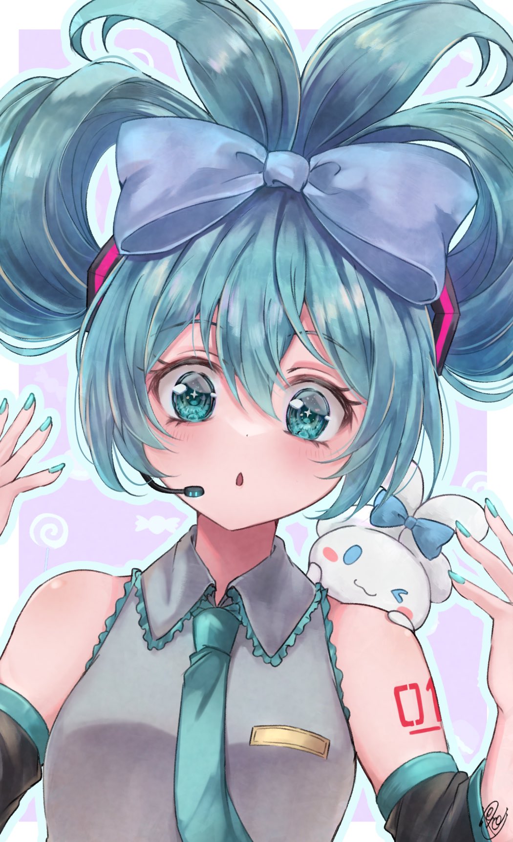 1girl arm_tattoo blue_bow blue_eyes blue_hair blue_nails blue_necktie bow breast_pocket cinnamiku collared_shirt detached_sleeves earpiece grey_shirt hair_between_eyes hair_bow hair_ornament hatsune_miku highres long_hair looking_at_viewer microphone necktie number_tattoo official_alternate_hairstyle open_mouth pecco_(pecchn478) pocket shirt sleeveless sleeveless_shirt smile tattoo vocaloid