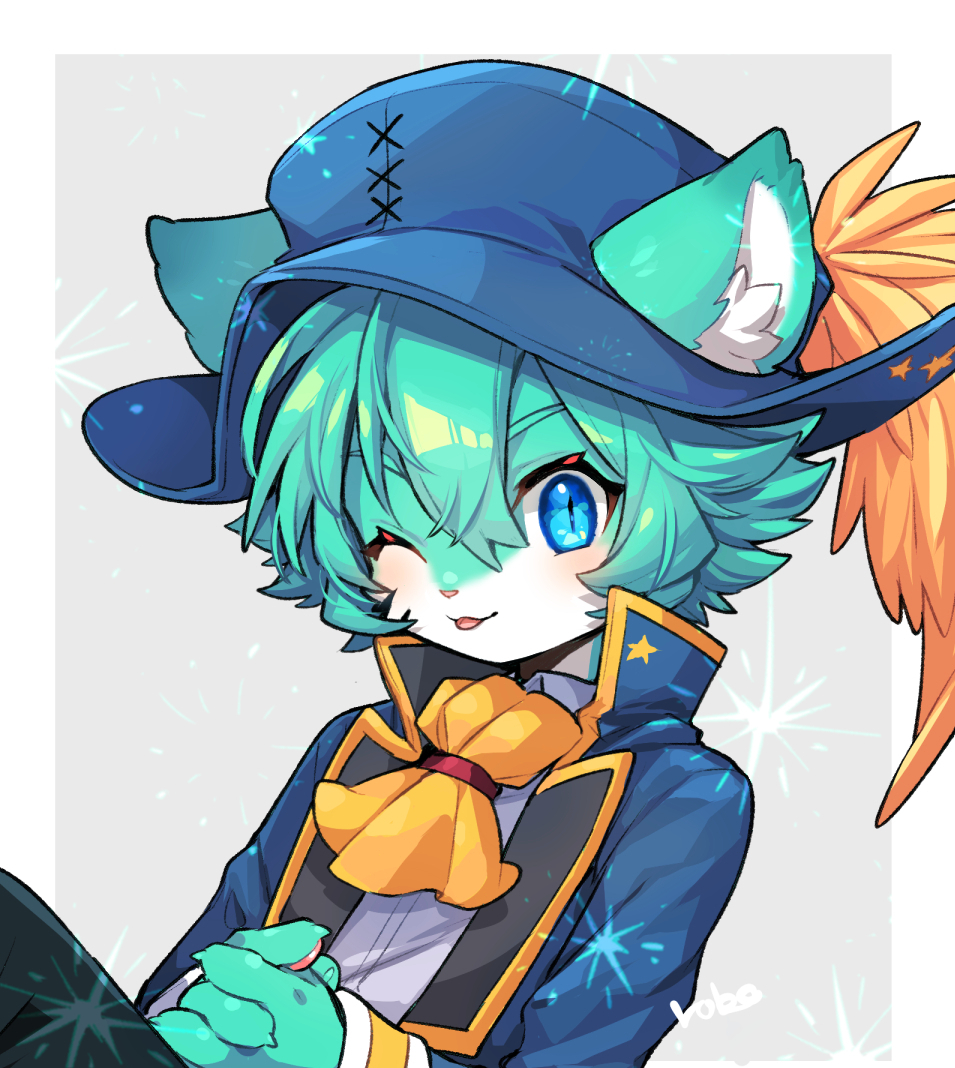 1boy :p animal_ears animal_nose aqua_hair ascot blue_eyes blue_headwear border cat_boy cat_ears ears_through_headwear furry furry_male grey_background hat hat_feather hituzirobo jacket male_focus one_eye_closed original outside_border own_hands_clasped own_hands_together shirt short_hair slit_pupils solo tongue tongue_out white_border yellow_ascot