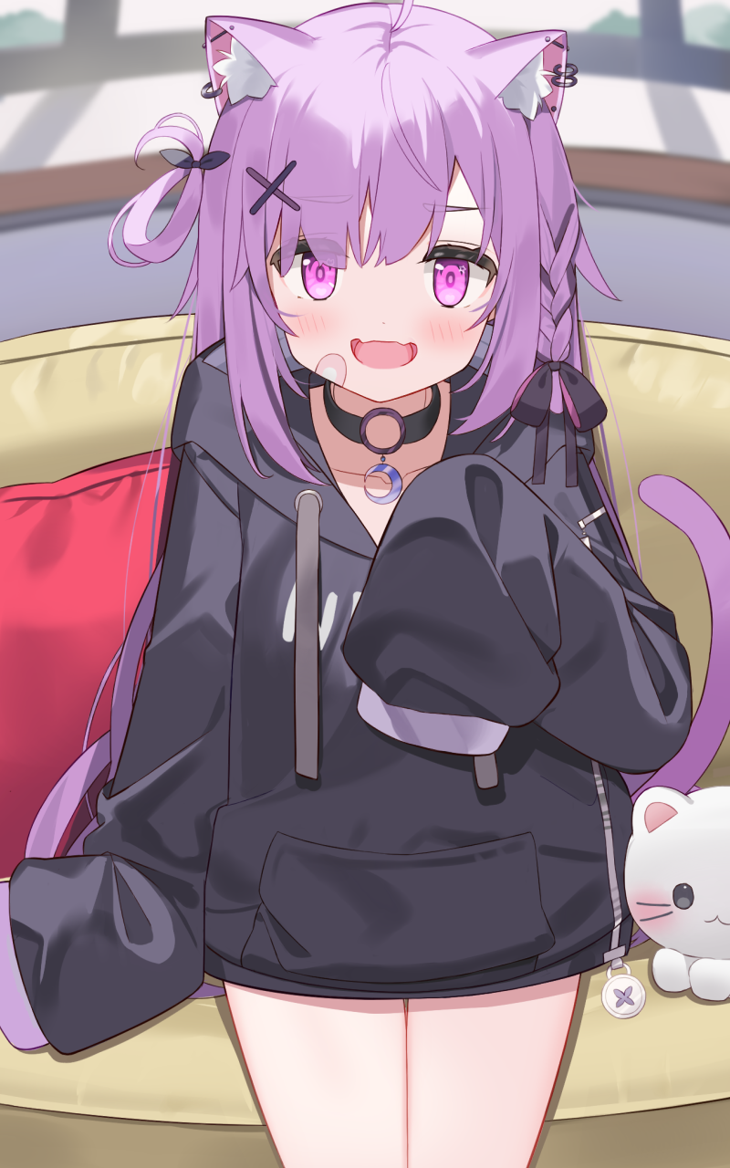1girl animal_ear_fluff animal_ears bandaid bandaid_on_face black_choker black_hoodie black_ribbon braid cat cat_ears cat_girl cat_tail choker collarbone commentary couch crescent_choker ear_piercing fangs fisheye hair_ornament hair_ribbon highres hood hoodie indie_virtual_youtuber indoors long_hair long_sleeves looking_at_viewer mikeneko_(utaite) multiple_piercings o-ring o-ring_choker official_alternate_costume on_couch open_mouth piercing pink_eyes pink_ribbon purple_hair purple_tail ribbon single_hair_ring sitting sleeves_past_fingers sleeves_past_wrists smile solo star_(symbol) star_in_eye symbol_in_eye tail thighs two-sided_ribbon very_long_sleeves virtual_youtuber x_hair_ornament yoru_no_yayoi