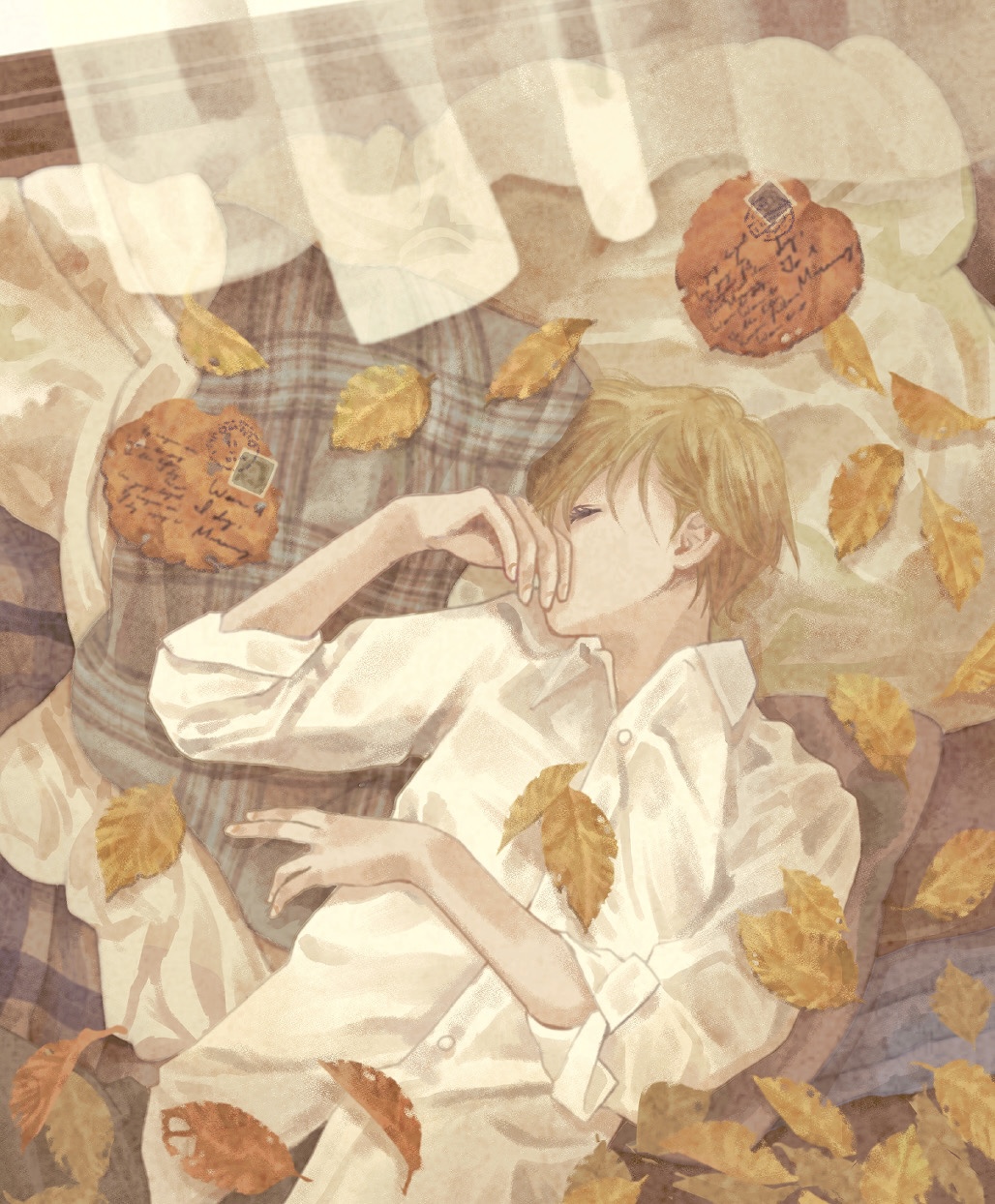1boy autumn autumn_leaves bed_sheet blonde_hair closed_eyes collared_shirt covered_mouth eyelashes facing_to_the_side fingernails hand_up highres indoors kogaayumi leaf letter long_sleeves lying male_focus on_back on_bed original plaid plaid_scarf profile scarf shirt short_hair sleeping sleeves_rolled_up solo stamp_mark untucked_shirt unworn_scarf upper_body white_shirt window