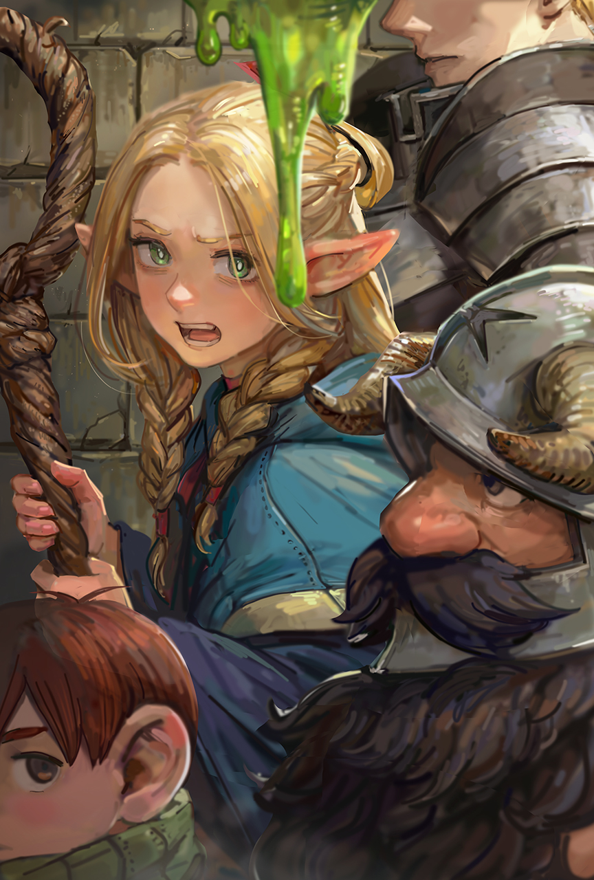 1girl 3boys armor beard black_hair blonde_hair blue_capelet braid brick_wall capelet chilchuck_tims commentary_request dungeon_meshi dwarf elf facial_hair fake_horns french_braid from_side gorget green_eyes green_scarf hair_over_one_eye halfling hands_up helmet highres holding holding_staff hood hood_down hooded_capelet horned_helmet horns laios_thorden long_beard long_hair long_sleeves looking_ahead looking_at_viewer looking_to_the_side marcille_donato miche multiple_boys multiple_braids mustache open_mouth out_of_frame parted_bangs pauldrons plate_armor pointy_ears profile redhead scarf senshi_(dungeon_meshi) short_hair shoulder_armor side_braid slime_(substance) solo_focus staff