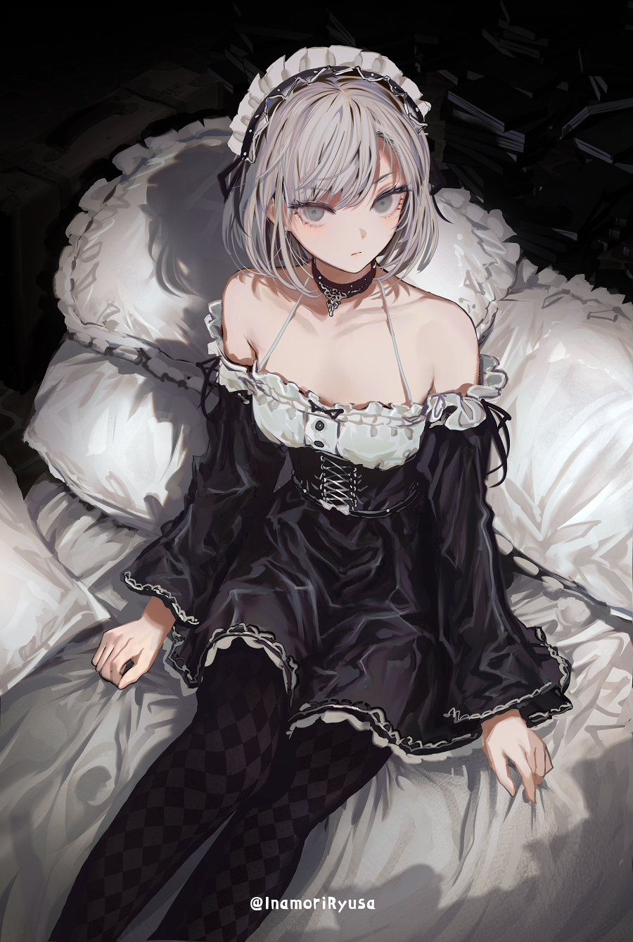 1girl argyle_pantyhose bare_shoulders bed black_collar black_dress black_pantyhose closed_mouth collar commentary_request dress expressionless feet_out_of_frame gothic_lolita grey_eyes grey_hair highres inaeda_kei lolita_fashion long_sleeves looking_at_viewer maid maid_headdress off-shoulder_dress off_shoulder on_bed original pantyhose pillow revision short_hair sitting solo spaghetti_strap twitter_username