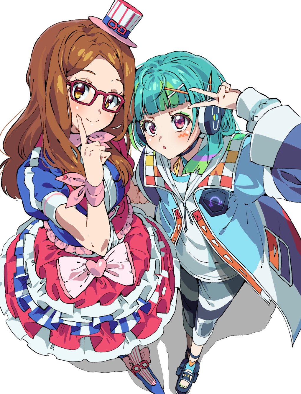 2girls akai_meganee blue_hair blue_jacket blunt_bangs bow brown_eyes brown_hair closed_mouth eyeshadow facial_mark frilled_skirt frills from_above full_body glasses green_eyeshadow green_hair grey_pants hair_ornament hand_up hat highres idol_clothes in-franchise_crossover index_finger_raised jacket long_hair long_sleeves looking_at_viewer makeup mini_hat mini_top_hat multicolored_hair multiple_girls omega_auru omega_auru_(primagista) pants pink_bow pink_eyes pretty_series pripara red-framed_eyewear skirt smile standing streaked_hair top_hat tsujii_ruki v waccha_primagi! white_background x_hair_ornament