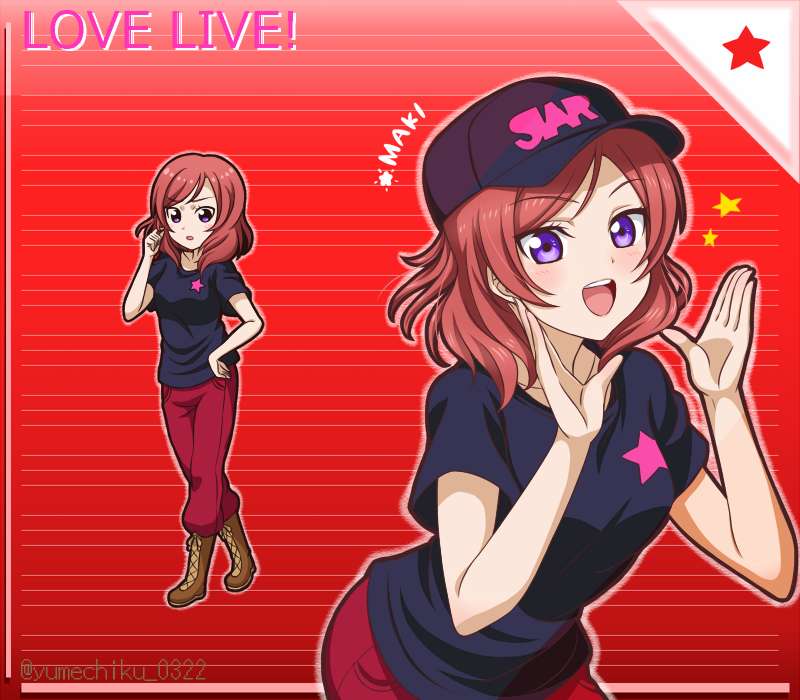 1girl :d bare_arms baseball_cap black_shirt blush boots brown_footwear character_name copyright_name floating_hair full_body hair_twirling hand_on_own_hip hat long_hair looking_at_viewer love_live! love_live!_school_idol_project nishikino_maki pants print_shirt purple_headwear red_background red_pants redhead shirt short_sleeves smile solo star_(symbol) star_print striped_background swept_bangs t-shirt twitter_username upper_body violet_eyes yumechiku