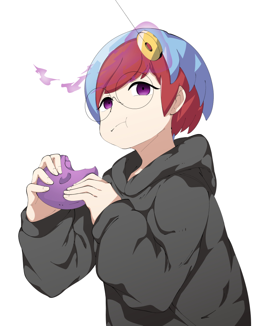 1girl :t black_hoodie blue_hair closed_mouth coin commentary_request eating food glasses hands_up holding holding_food hood hood_down hoodie hypnosis long_sleeves looking_to_the_side mind_control mochi multicolored_hair pendulum penny_(pokemon) pokemon pokemon_sv redhead round_eyewear solo string tonu_(aobatonu) two-tone_hair upper_body violet_eyes white_background