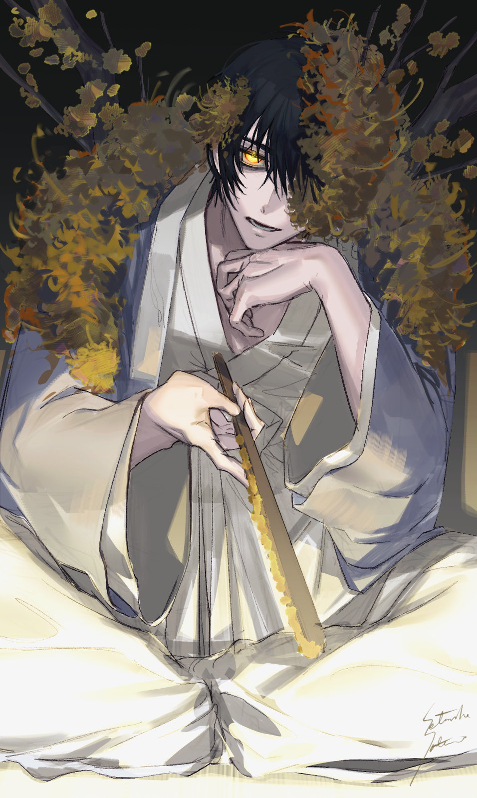 1boy black_hair branch coat e.g.o_(project_moon) flower grey_coat hair_flower hair_ornament highres limbus_company long_sleeves looking_at_viewer pants parted_lips project_moon satome_setsuko sitting solo white_hanbok white_pants wide_sleeves wings yellow_eyes yellow_flower yi_sang_(project_moon)
