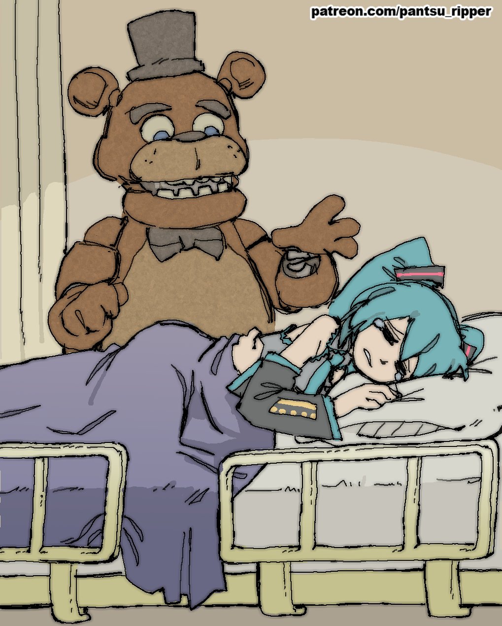 1girl aqua_hair aqua_necktie bed black_bow black_bowtie black_sleeves bow bowtie closed_eyes crying detached_sleeves five_nights_at_freddy's freddy_fazbear grey_shirt hat hatsune_miku highres hospital_bed indoors joints long_hair loss_(meme) lying meme mini_hat mini_top_hat necktie on_bed on_side pantsu-ripper robot_joints shirt top_hat twintails vocaloid