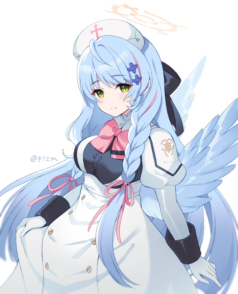 1girl blue_archive blue_hair blue_wings blush braid breasts closed_mouth dress feathered_wings gloves green_eyes halo hat highres juliet_sleeves komi_zumiko large_breasts long_hair long_sleeves looking_at_viewer mine_(blue_archive) nurse_cap puffy_sleeves simple_background smile solo twin_braids twitter_username white_background white_dress white_gloves white_headwear wings yellow_halo