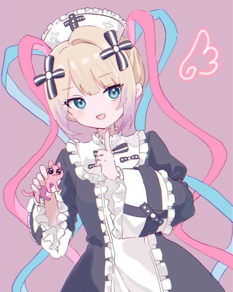 1girl :d animal black_dress blonde_hair blue_eyes blue_hair cat chouzetsusaikawa_tenshi-chan cowboy_shot drawn_wings dress frilled_dress frilled_sleeves frills gothic_lolita hands_up hat holding holding_animal holding_cat index_finger_raised kabe_(zp66104) lolita_fashion long_hair long_sleeves looking_at_viewer multicolored_hair needy_girl_overdose nurse_cap official_alternate_costume open_mouth pien_cat_(needy_girl_overdose) pink_hair purple_background quad_tails simple_background smile solo wide_sleeves