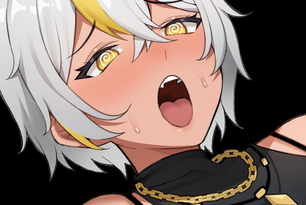 1girl @_@ blush dark-skinned_female dark_skin hypnosis jewelry looking_at_viewer luvdia mind_control open_mouth park_dona second-party_source virtual_youtuber white_hair yellow_eyes