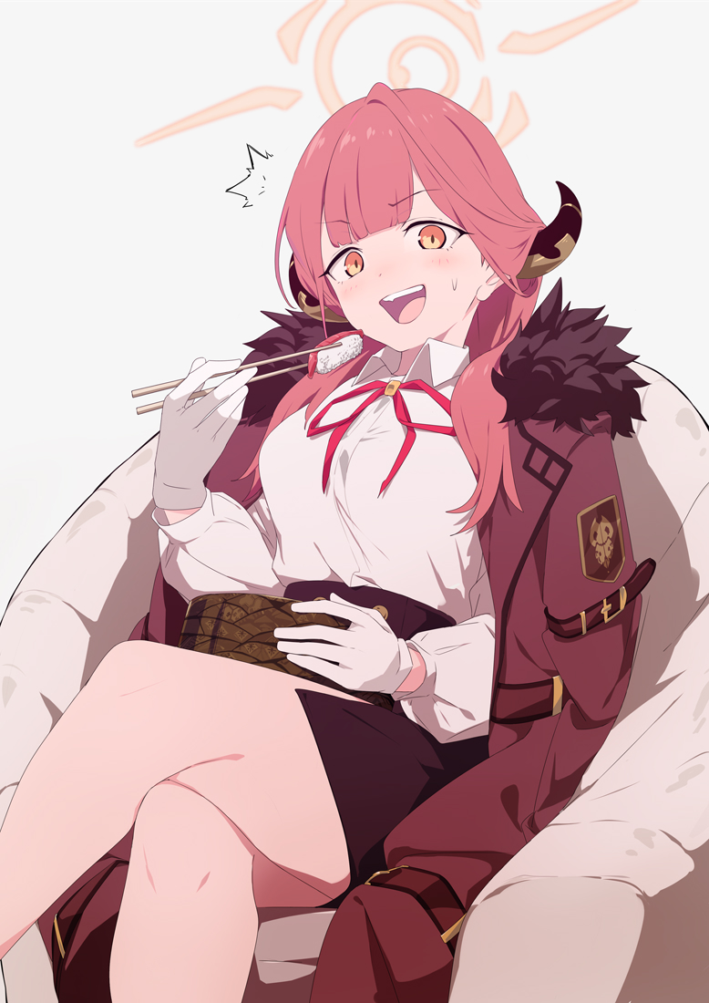 1girl ^^^ aru_(blue_archive) black_skirt blue_archive blush breasts chair chopsticks coat coat_on_shoulders crossed_legs feet_out_of_frame food fur_collar gloves halo holding holding_chopsticks horns long_hair long_sleeves medium_breasts neck_ribbon open_mouth pencil_skirt pink_hair pink_ribbon red_coat ribbon shirt simple_background sitting skirt sohin solo sushi sweat white_background white_gloves white_shirt