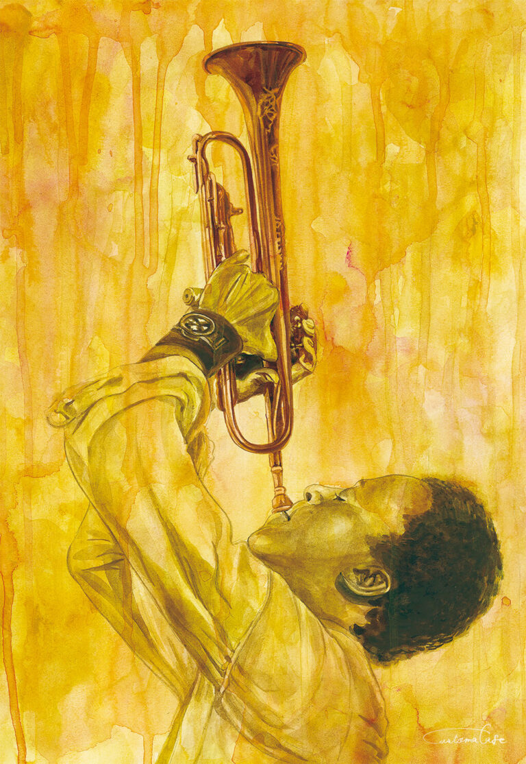 1boy artworksmil dark-skinned_male dark_skin instrument music original painting_(medium) playing_instrument realistic solo traditional_media trumpet watercolor_(medium)