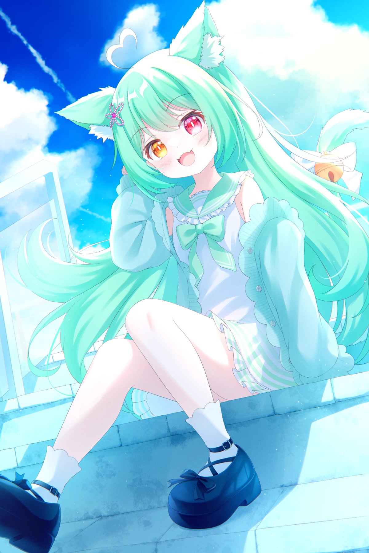 1girl :d ahoge animal_ear_fluff animal_ears arm_support bell black_footwear blurry blurry_background blush bow bowtie clouds cloudy_sky commission detached_sleeves dress eyebrows_hidden_by_hair frills green_bow green_bowtie green_hair green_sailor_collar hair_between_eyes hair_ornament hand_on_own_head hand_up happy heart heart_ahoge heterochromia highres jingle_bell knee_up lace-trimmed_dress lace_trim ladder long_hair looking_at_viewer open_mouth original puffy_sleeves red_eyes sailor_collar sitting sky smile socks solo tail tail_bell tail_ornament tail_raised very_long_hair white_dress white_socks yellow_eyes yottacc