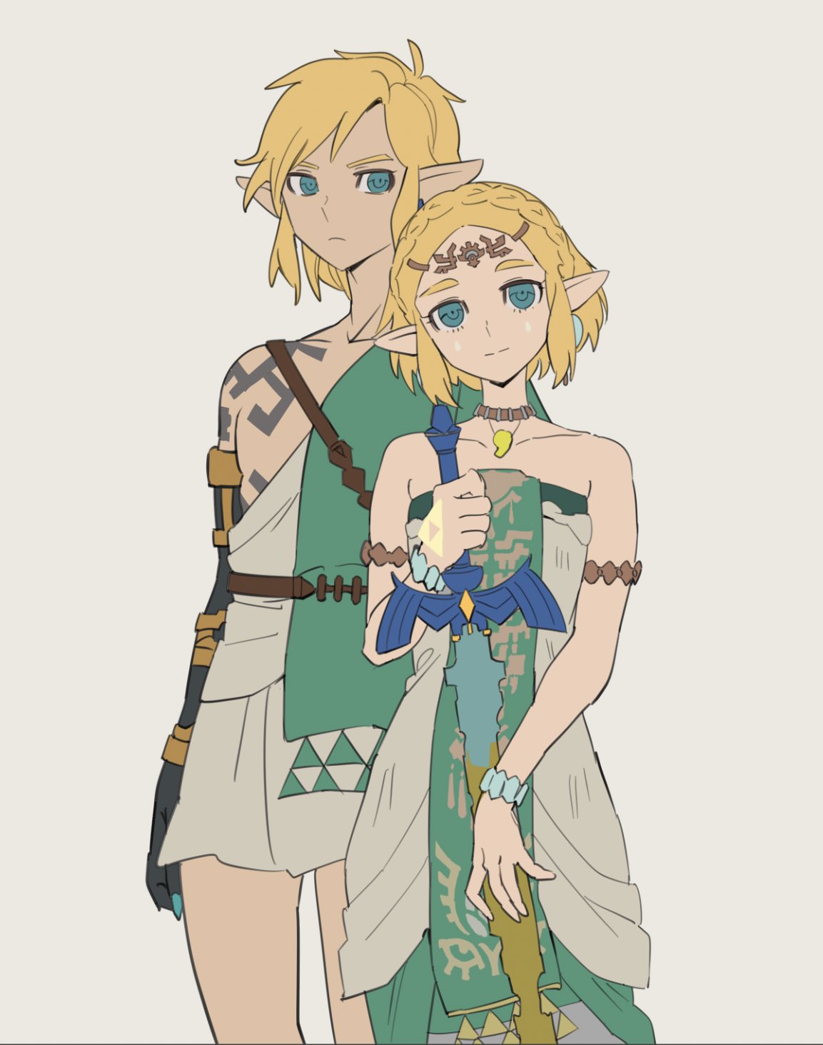 1boy 1girl archaic_set_(zelda) armlet blonde_hair bracelet braid broken broken_sword broken_weapon circlet commentary cowboy_shot dress earrings french_braid highres holding holding_sword holding_weapon jewelry link looking_at_viewer magatama magatama_necklace master_sword necklace noah_(tettsui-sole) off-shoulder_dress off_shoulder pointy_ears princess_zelda prosthesis prosthetic_arm short_hair shoulder_tattoo single_off_shoulder sword symbol-only_commentary tattoo the_legend_of_zelda the_legend_of_zelda:_tears_of_the_kingdom triforce triforce_print tunic weapon