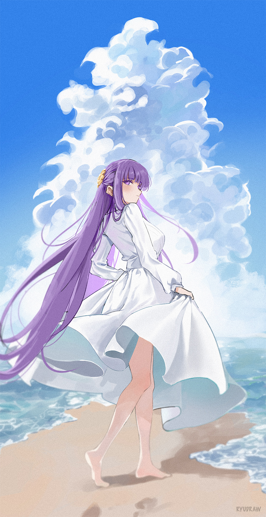 1girl bare_legs barefoot beach blue_sky blunt_bangs breasts clothes_lift clouds cloudy_sky day dress expressionless fern_(sousou_no_frieren) floating_hair full_body hair_ornament highres long_hair long_sleeves looking_at_viewer looking_back medium_breasts ocean outdoors puffy_sleeves purple_hair ryudraw sand sidelocks sky solo sousou_no_frieren twitter_username very_long_hair violet_eyes walking water white_dress