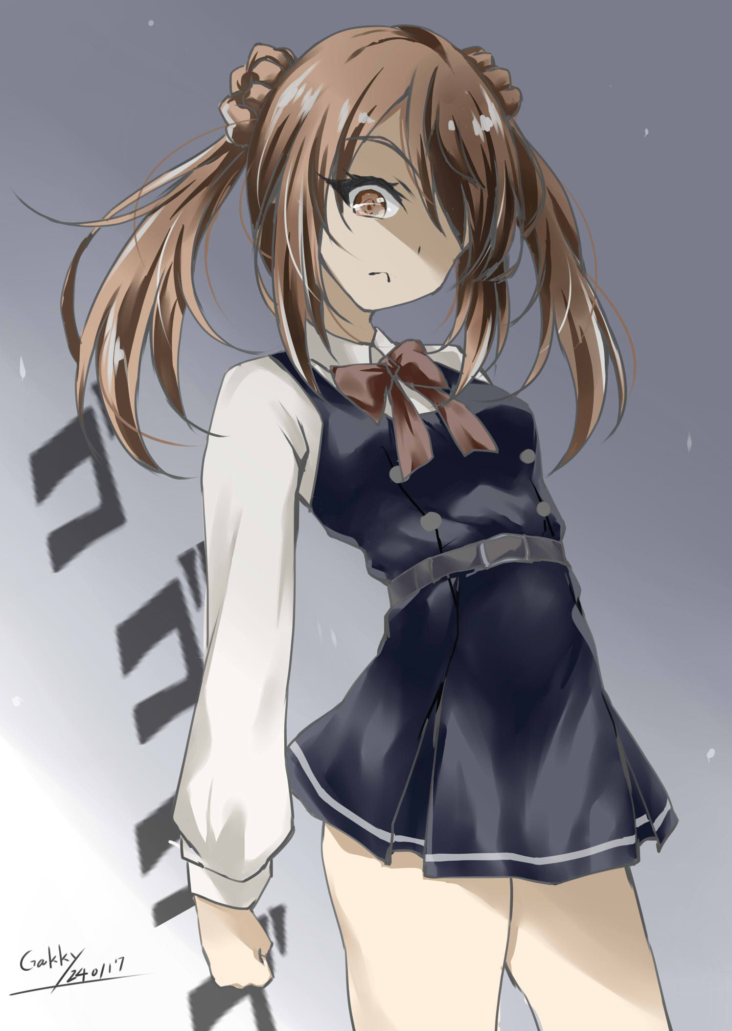 1girl artist_name black_dress bow bowtie brown_bow brown_bowtie brown_eyes brown_hair collared_shirt dated double_bun dress dress_shirt gakky gradient_background grey_background hair_bun hair_over_one_eye highres kantai_collection michishio_(kancolle) one-hour_drawing_challenge parted_lips pinafore_dress shirt short_twintails sleeveless sleeveless_dress solo standing twintails white_shirt yandere