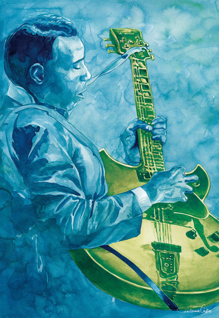 1boy artworksmil guitar holding holding_instrument instrument looking_at_object music original painting_(medium) playing_instrument realistic solo traditional_media watercolor_(medium)
