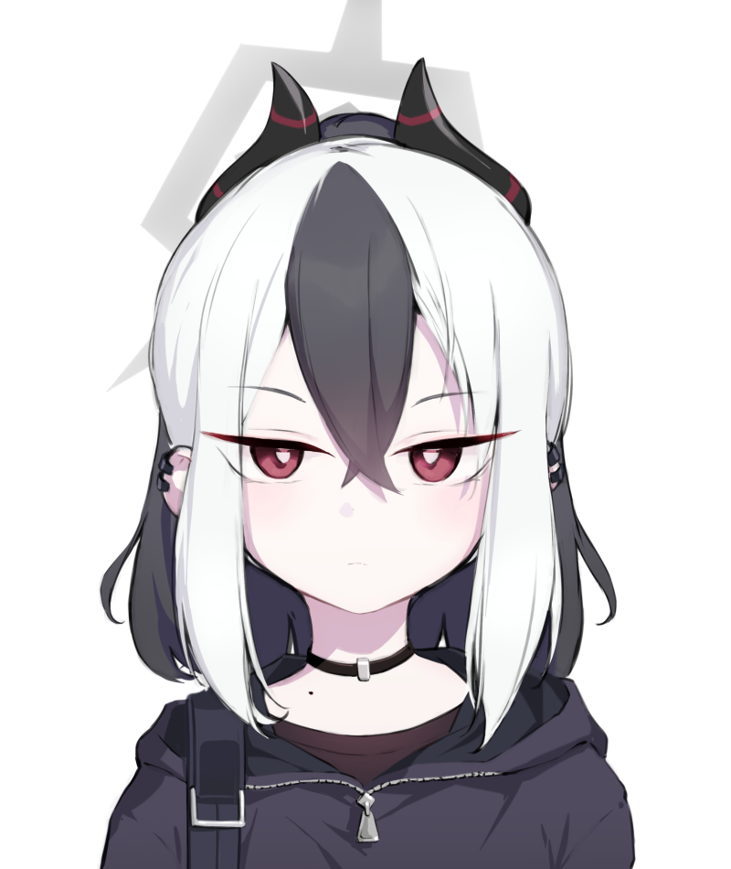 1girl black_choker black_hair black_hood black_hoodie black_horns black_shirt blue_archive bright_pupils choker closed_mouth commentary_request demon_horns double-parted_bangs earclip grey_halo hair_between_eyes halo hood hoodie horns kayoko_(blue_archive) long_hair long_sleeves looking_at_viewer mole mole_on_neck multicolored_hair ponytail red_eyes shirt sidelocks simple_background solo t-bth two-tone_hair upper_body white_background white_hair white_pupils