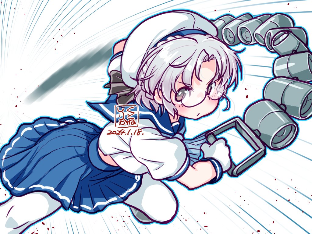 1girl aqua_neckerchief artist_logo blue_neckerchief blue_sailor_collar blue_skirt brown_eyes dated depth_charge glasses gloves grey_hair hat hirato_(kancolle) kantai_collection kutone_shirika looking_at_viewer neckerchief one-hour_drawing_challenge pantyhose pleated_skirt puffy_short_sleeves puffy_sleeves sailor_collar sailor_hat school_uniform serafuku short_hair short_sleeves skirt solo wavy_hair white_gloves white_headwear white_pantyhose