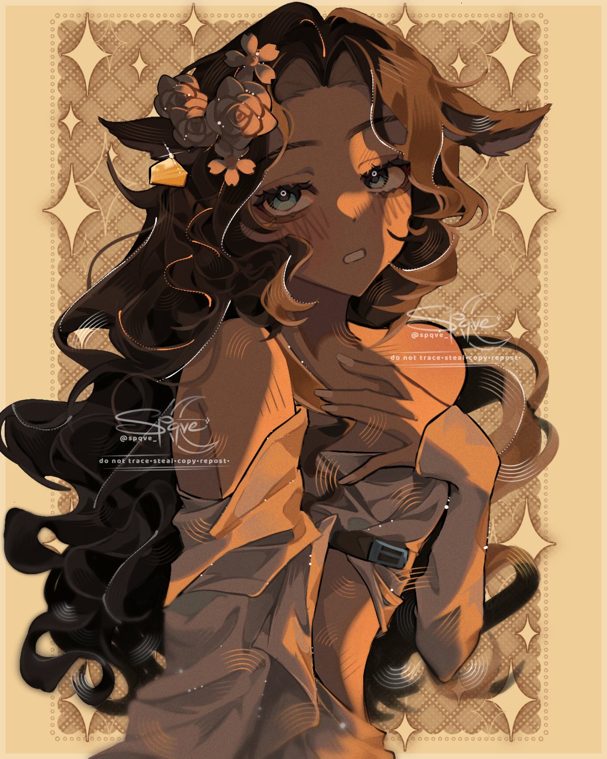 1girl animal_ears bare_shoulders blush brown_hair curly_hair deer_ears deer_girl flower green_eyes hair_flower hair_ornament hand_on_own_chest hand_up highres jessica_(reverse:1999) long_hair looking_at_viewer off_shoulder orange_theme parted_lips reverse:1999 shirt sidelighting solo sparkle_background spqve upper_body watermark white_shirt yellow_background