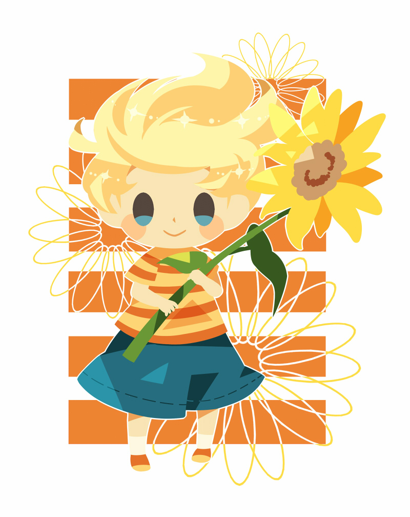 1boy blonde_hair blue_shorts blush_stickers border closed_mouth flower full_body hitofutarai holding holding_flower looking_at_viewer lucas_(mother_3) male_focus mother_(game) mother_3 orange_footwear shirt short_sleeves shorts smile socks solo standing striped_clothes striped_shirt sunflower white_border white_socks yellow_flower