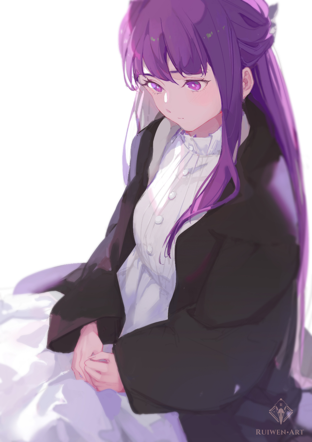 1girl black_coat blunt_bangs buttons coat collar cowboy_shot dress expressionless fern_(sousou_no_frieren) frilled_collar frills hair_ornament hands_on_own_legs highres long_hair long_sleeves looking_down purple_hair ruiwen sidelocks signature simple_background sitting solo sousou_no_frieren violet_eyes white_background white_dress wide_sleeves