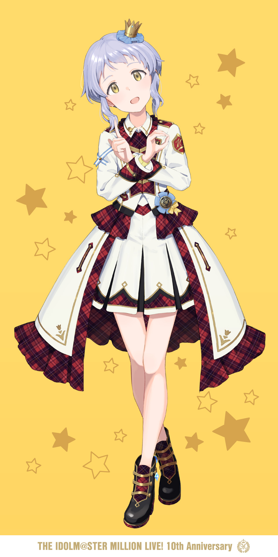 1girl anniversary black_footwear checkered_clothes commentary copyright_name crown crown_hair_ornament full_body hands_up head_tilt highres idolmaster idolmaster_million_live! idolmaster_million_live!_theater_days index_finger_raised jacket legs long_sleeves looking_at_viewer makabe_mizuki mini_crown open_mouth purple_hair razi red_trim short_hair sidelocks skirt smile solo standing star_(symbol) symbol-only_commentary thighs wavy_hair white_jacket white_skirt yellow_background yellow_eyes